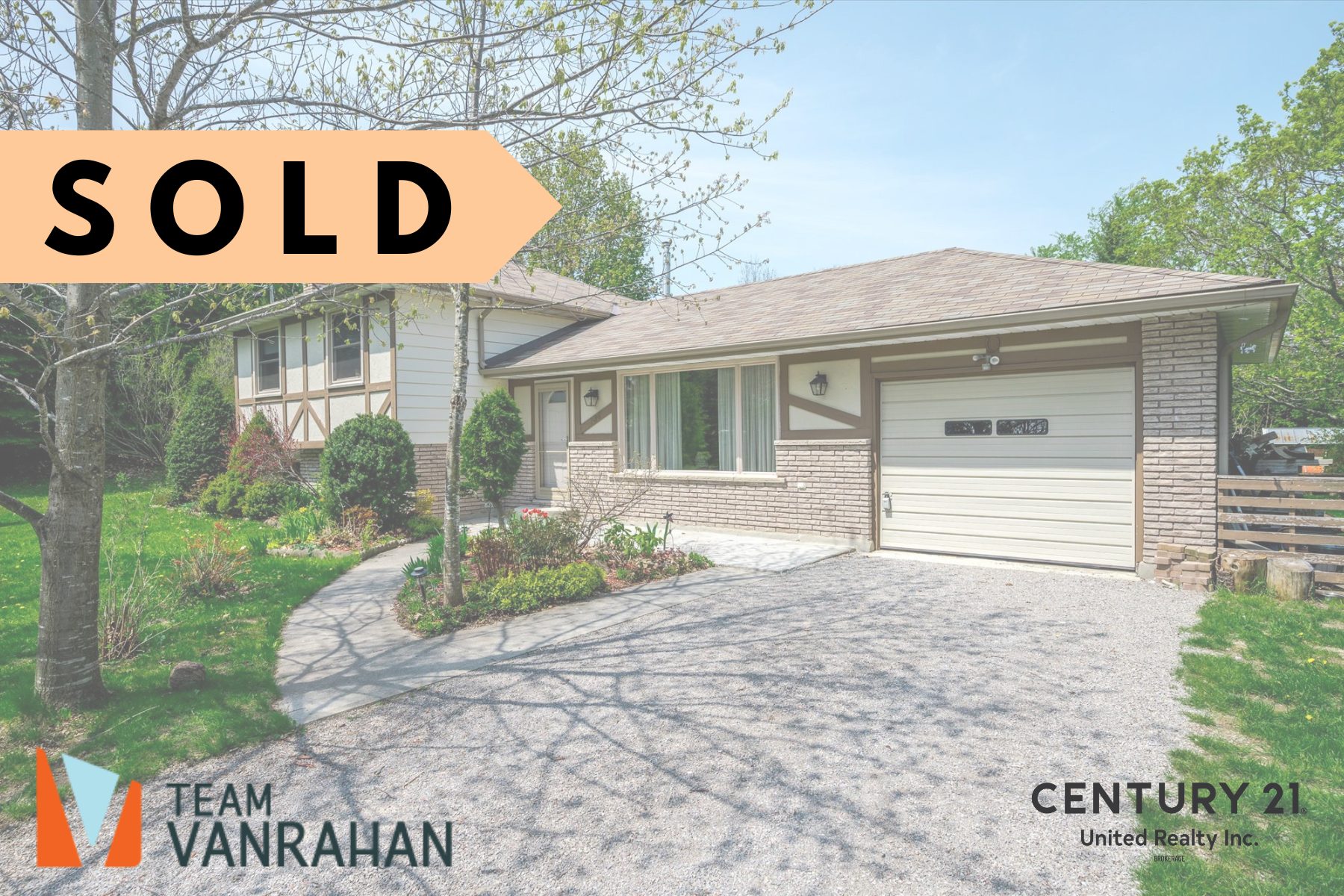 A beige ranch-style bungalow with a lovely garden out front. SOLD text on top.
