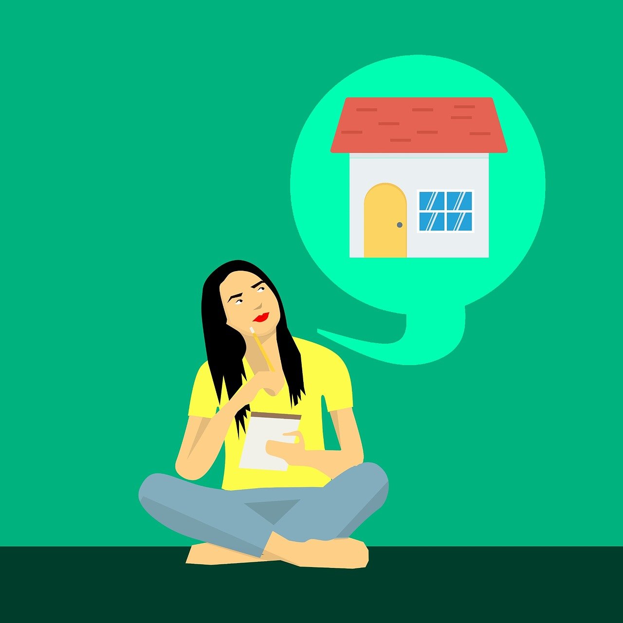 Animated cartoon of a woman sitting on the floor, with a thought bubble depicting an image of a house.