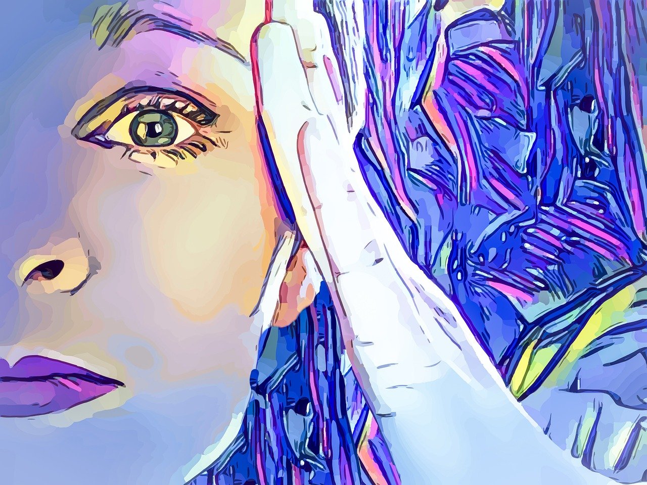 Cartoon image of a woman who looks worried, with her hand raised to her temple as if she is stressed. Purple hues.