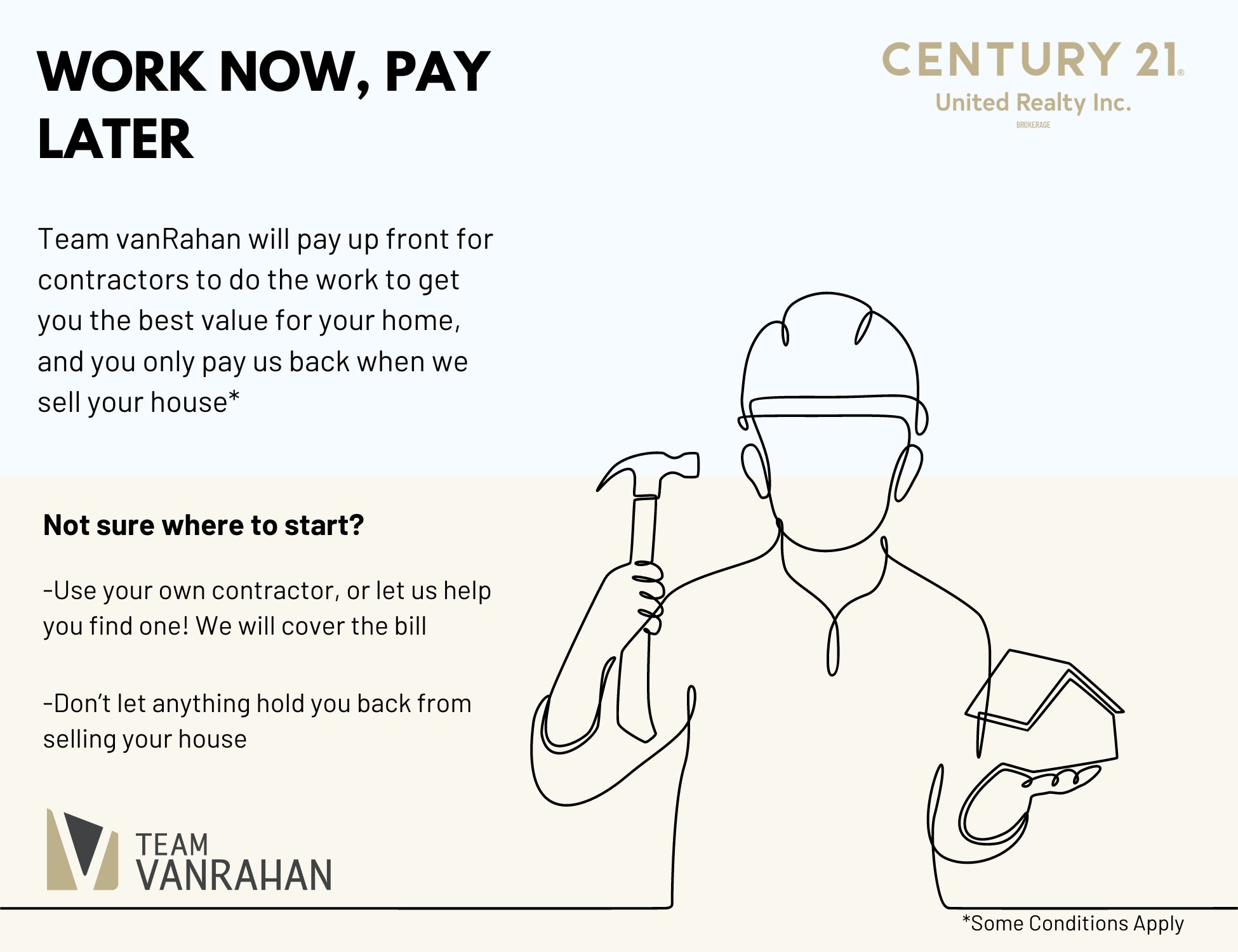 IMAGE TEXT: "Work Now, Pay Later. Team vanRahan will pay up front for contractors to do the work to get you the best value for your home, and you only pay us back when we sell your house* Not sure where to start? Use your own contractor, or let us help you find one! We will cover the bill. Don't let anything hold you back from selling your house. *Some conditions apply"